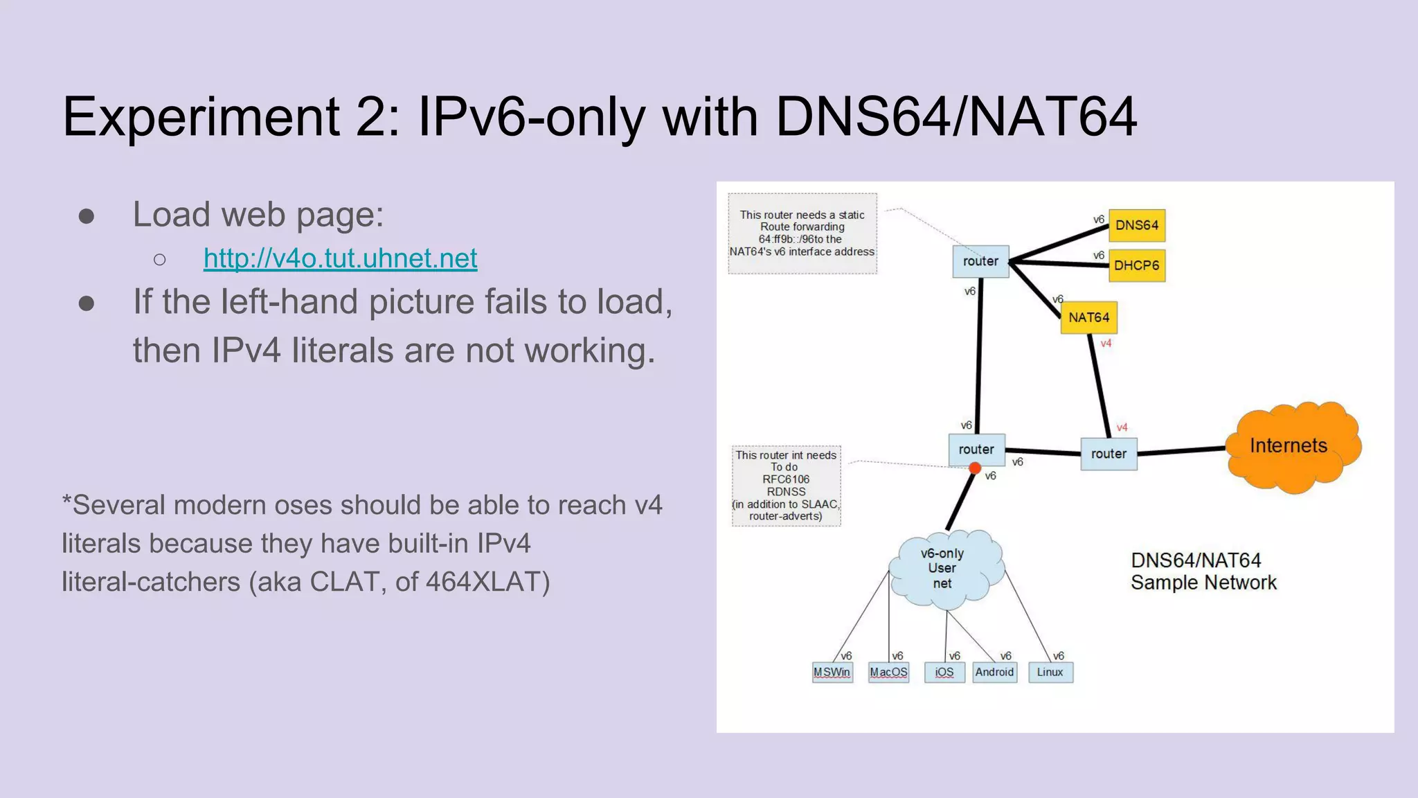 Experiment 2: IPv6-only with DNS64/NAT64
● Load web page:
○ http://v4o.tut.uhnet.net
● If the left-hand picture fails to load,
then IPv4 literals are not working.
*Several modern oses should be able to reach v4
literals because they have built-in IPv4
literal-catchers (aka CLAT, of 464XLAT)
 