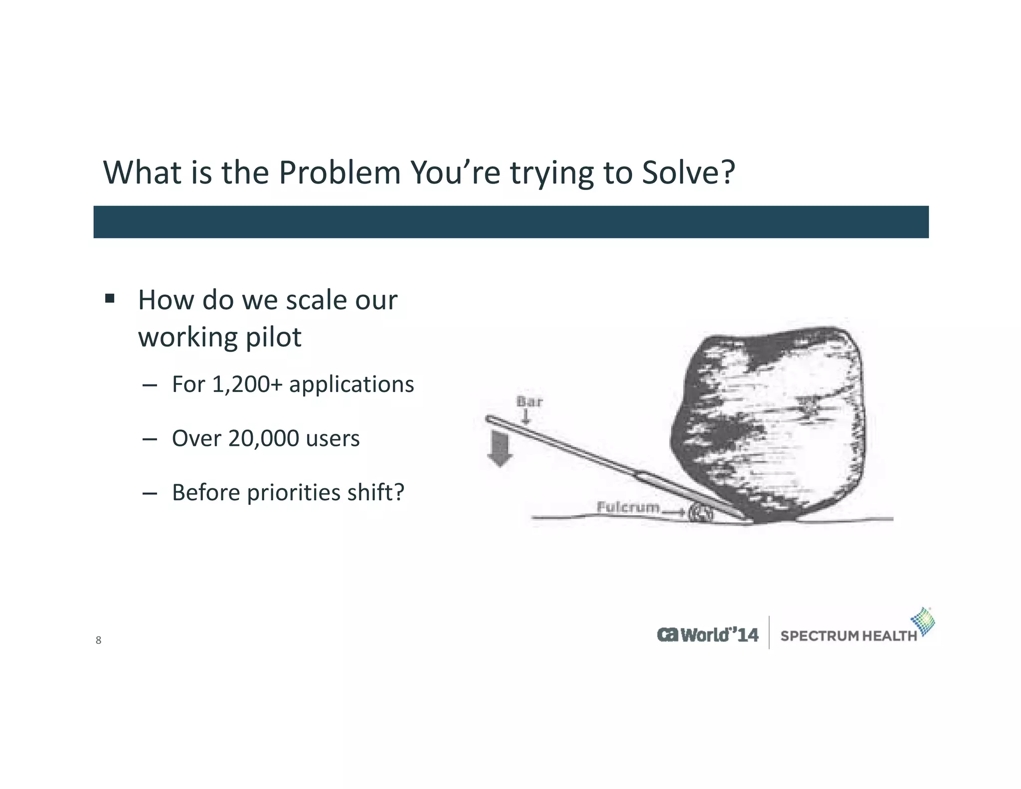 8 
What is the Problem You’re trying to Solve? 
How do we scale our working pilot 
–For 1,200+ applications 
–Over 20,000 users 
–Before priorities shift?  