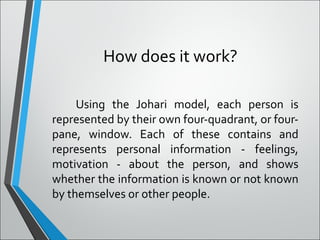 How does it work?
Using the Johari model, each person is
represented by their own four-quadrant, or four-
pane, window. Each of these contains and
represents personal information - feelings,
motivation - about the person, and shows
whether the information is known or not known
by themselves or other people.
 