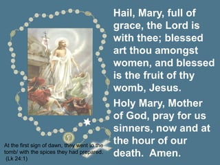 At the first sign of dawn, they went to the
tomb/ with the spices they had prepared.
(Lk 24:1)
Hail, Mary, full of
grace, the Lord is
with thee; blessed
art thou amongst
women, and blessed
is the fruit of thy
womb, Jesus.
Holy Mary, Mother
of God, pray for us
sinners, now and at
the hour of our
death. Amen.
 