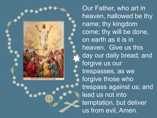 Our Father, who art in
heaven, hallowed be thy
name; thy kingdom
come; thy will be done,
on earth as it is in
heaven. Give us this
day our daily bread; and
forgive us our
trespasses, as we
forgive those who
trespass against us; and
lead us not into
temptation, but deliver
us from evil, Amen.
 