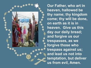 Our Father, who art in
heaven, hallowed be
thy name; thy kingdom
come; thy will be done,
on earth as it is in
heaven. Give us this
day our daily bread;
and forgive us our
trespasses, as we
forgive those who
trespass against us;
and lead us not into
temptation, but deliver
us from evil, Amen.
 