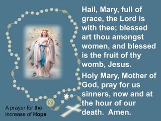 A prayer for the
increase of Hope
Hail, Mary, full of
grace, the Lord is
with thee; blessed
art thou amongst
women, and blessed
is the fruit of thy
womb, Jesus.
Holy Mary, Mother of
God, pray for us
sinners, now and at
the hour of our
death. Amen.
 