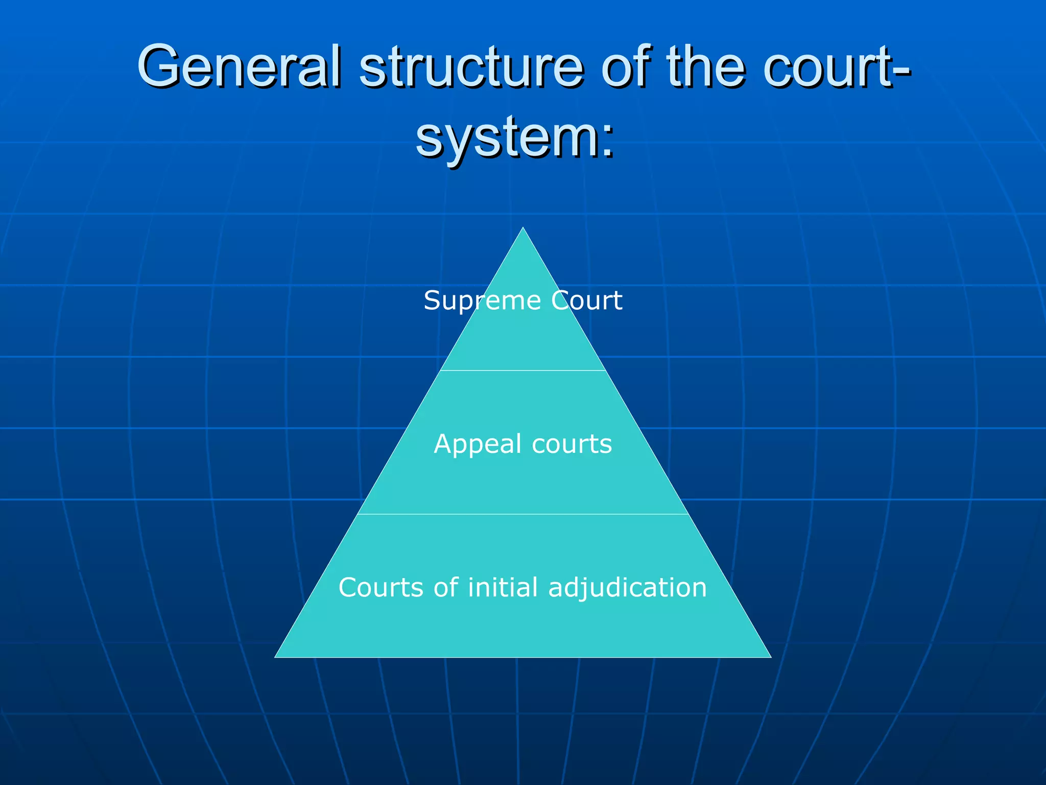 General structure of the court-system:  Supreme Court Appeal courts Courts of initial adjudication 