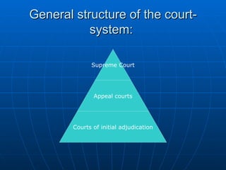 General structure of the court-system:  Supreme Court Appeal courts Courts of initial adjudication 