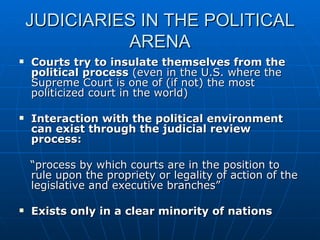 JUDICIARIES IN THE POLITICAL ARENA Courts try to insulate themselves from the political process  (even in the U.S. where the Supreme Court is one of (if not) the most politicized court in the world) Interaction with the political environment can exist through the judicial review process:  “ process by which courts are in the position to rule upon the propriety or legality of action of the legislative and executive branches” Exists only in a clear minority of nations 