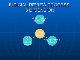 JUDICIAL REVIEW PROCESS:  3 DIMENSION Scope  of Judicial  review Who can make a  Petition? What courts are In charge?  Judicial Review 