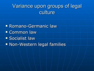 Variance upon groups of legal culture Romano-Germanic law Common law Socialist law Non-Western legal families 
