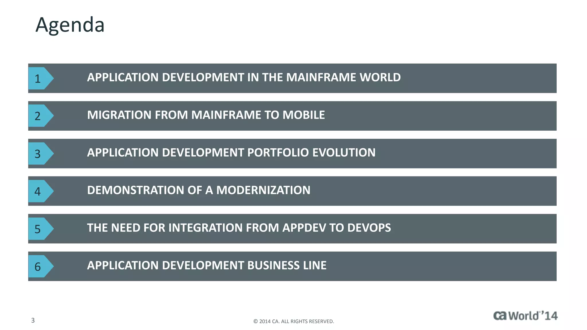 3 © 2014 CA. ALL RIGHTS RESERVED.
Agenda
APPLICATION DEVELOPMENT IN THE MAINFRAME WORLD
MIGRATION FROM MAINFRAME TO MOBILE
APPLICATION DEVELOPMENT BUSINESS LINE
APPLICATION DEVELOPMENT PORTFOLIO EVOLUTION
DEMONSTRATION OF A MODERNIZATION
THE NEED FOR INTEGRATION FROM APPDEV TO DEVOPS
1
2
3
4
5
6
 