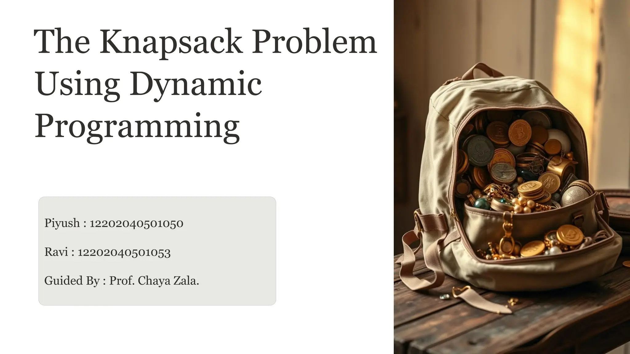 The Knapsack Problem
Using Dynamic
Programming
Piyush : 12202040501050
Ravi : 12202040501053
Guided By : Prof. Chaya Zala.
 