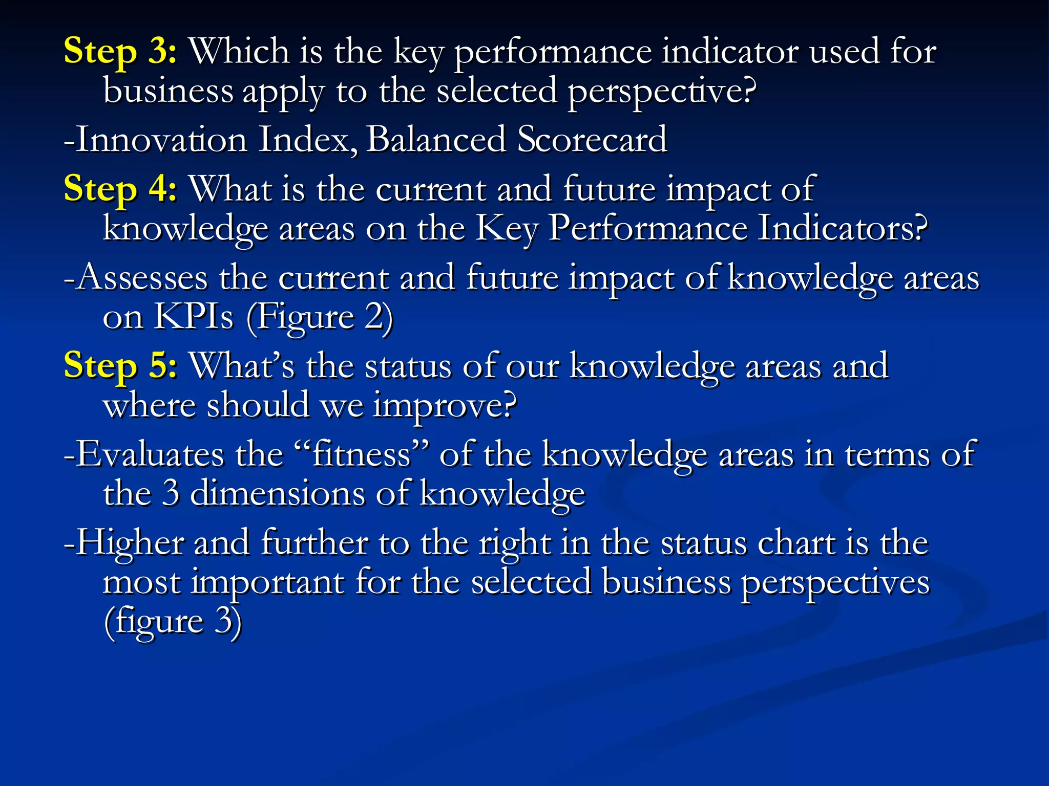 Step 3:  Which is the key performance indicator used for business apply to the selected perspective? -Innovation Index, Balanced Scorecard Step 4:  What is the current and future impact of knowledge areas on the Key Performance Indicators? -Assesses the current and future impact of knowledge areas on KPIs (Figure 2) Step 5:  What’s the status of our knowledge areas and where should we improve? -Evaluates the “fitness” of the knowledge areas in terms of the 3 dimensions of knowledge -Higher and further to the right in the status chart is the most important for the selected business perspectives (figure 3) 