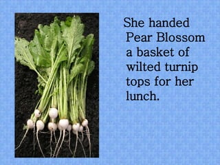 She handed Pear Blossom a basket of wilted turnip tops for her lunch.  
