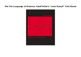 File The Language of Violence: Adolf Hitler's "mein Kampf" Trial Ebook
Download Here https://readplease01.blogspot.com/?book=0820481874 This unique linguistic analysis of Adolf Hitler's Mein Kampf examines how Hitler constructed Feindbilder (images of the enemy) and, in contrast, glorified the so-called Aryan race using a variety of lexical and rhetorical resources. Hitler's anti-Semitic imagery is analyzed in detail using the modern cognitive theory of metaphor associated with George Lakoff and Mark Turner. This book, which includes English translations for all quotations from Hitler's German text, reveals how anti-Semitic discourse may act as a paradigm for all racist and totalitarian propaganda. It will appeal to linguistics scholars and those in other fields - particulary historians and political theorists. Download Online PDF The Language of Violence: Adolf Hitler's "mein Kampf", Read PDF The Language of Violence: Adolf Hitler's "mein Kampf", Read Full PDF The Language of Violence: Adolf Hitler's "mein Kampf", Download PDF and EPUB The Language of Violence: Adolf Hitler's "mein Kampf", Read PDF ePub Mobi The Language of Violence: Adolf Hitler's "mein Kampf", Reading PDF The Language of Violence: Adolf Hitler's "mein Kampf", Download Book PDF The Language of Violence: Adolf Hitler's "mein Kampf", Read online The Language of Violence: Adolf Hitler's "mein Kampf", Download The Language of Violence: Adolf Hitler's "mein Kampf" Felicity J. Rash pdf, Read Felicity J. Rash epub The Language of Violence: Adolf Hitler's "mein Kampf", Download pdf Felicity J. Rash The Language of Violence: Adolf Hitler's "mein Kampf", Read Felicity J. Rash ebook The Language of Violence: Adolf Hitler's "mein Kampf", Read pdf The Language of Violence: Adolf Hitler's "mein Kampf", The Language of Violence: Adolf Hitler's "mein Kampf" Online Download Best Book Online The Language of Violence: Adolf Hitler's "mein Kampf", Read Online The Language of Violence: Adolf Hitler's "mein Kampf" Book, Read Online The Language of Violence: Adolf Hitler's "mein Kampf" E-Books,
Download The Language of Violence: Adolf Hitler's "mein Kampf" Online, Download Best Book The Language of Violence: Adolf Hitler's "mein Kampf" Online, Read The Language of Violence: Adolf Hitler's "mein Kampf" Books Online Read The Language of Violence: Adolf Hitler's "mein Kampf" Full Collection, Read The Language of Violence: Adolf Hitler's "mein Kampf" Book, Read The Language of Violence: Adolf Hitler's "mein Kampf" Ebook The Language of Violence: Adolf Hitler's "mein Kampf" PDF Read online, The Language of Violence: Adolf Hitler's "mein Kampf" pdf Read online, The Language of Violence: Adolf Hitler's "mein Kampf" Download, Download The Language of Violence: Adolf Hitler's "mein Kampf" Full PDF, Download The Language of Violence: Adolf Hitler's "mein Kampf" PDF Online, Read The Language of Violence: Adolf Hitler's "mein Kampf" Books Online, Download The Language of Violence: Adolf Hitler's "mein Kampf" Full Popular PDF, PDF The Language of Violence: Adolf Hitler's "mein Kampf" Download Book PDF The Language of Violence: Adolf Hitler's "mein Kampf", Download online PDF The Language of Violence: Adolf Hitler's "mein Kampf", Download Best Book The Language of Violence: Adolf Hitler's "mein Kampf", Download PDF The Language of Violence: Adolf Hitler's "mein Kampf" Collection, Download PDF The Language of Violence: Adolf Hitler's "mein Kampf" Full Online, Read Best Book Online The Language of Violence: Adolf Hitler's "mein Kampf", Download The Language of Violence: Adolf Hitler's "mein Kampf" PDF files
 