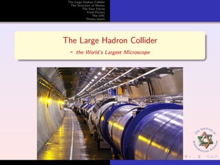 The Large Hadron Collider
  The Structure of Matter
          The Four Forces
             Final Picture
                The LHC
            Theory Issues




The Large Hadron Collider
 - the World’s Largest Microscope

                   Rahul Basu



               August 13, 2008
 
