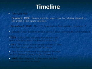 Timeline October 4, 1957:   Russia start the space race by orbiting  Sputnik 1 , the world’s first space satellite.  December 6, 1957:  The U.S. launched its first satellite,  Explorer  1 Sputnik 2  was launched by the Soviet Union, carrying the first animal in space     1959:  NASA (The National Aeronautics and Space Administration ) is formed in the U.S.  1961:  The Soviet Union launches  Luna 2 . This is the first space probe to hit the moon.  The Soviet cosmonaut Yuri Gagarin, became the first human in space in the  Vostok 1.   1962:  Alan Shepard, Jr. becomes the first American astronaut in space.  The Cold War 