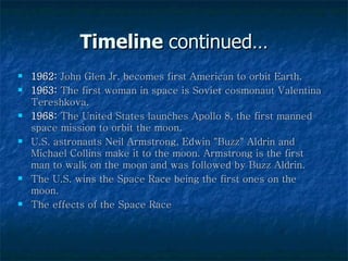 Timeline   continued… 1962:  John Glen Jr. becomes first American to orbit Earth. 1963:  The first woman in space is Soviet cosmonaut Valentina Tereshkova.  1968:  The United States launches Apollo 8, the first manned space mission to orbit the moon.  U.S. astronauts Neil Armstrong, Edwin "Buzz" Aldrin and Michael Collins make it to the moon. Armstrong is the first man to walk on the moon and was followed by Buzz Aldrin.  The U.S. wins the Space Race being the first ones on the moon. The effects of the Space Race 