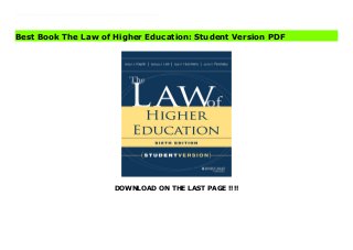 DOWNLOAD ON THE LAST PAGE !!!!
Download Here https://ebooklibrary.solutionsforyou.space/?book=1119271916 Based on the sixth edition of the indispensable guide to the laws that bear on the conduct of higher education, this student edition provides an up-to-date textbook, reference, and guide for coursework in higher education law and programs preparing higher education administrators for leadership roles. This student edition contains a glossary of key terms, and an appendix on how to read legal material for the non-law student. Each chapter is introduced by a discussion of key terms and ideas the students will encounter, and the book includes the parts of the full sixth edition that most relate to student and administrator interests. Download Online PDF The Law of Higher Education: Student Version Download PDF The Law of Higher Education: Student Version Download Full PDF The Law of Higher Education: Student Version
Best Book The Law of Higher Education: Student Version PDF
 
