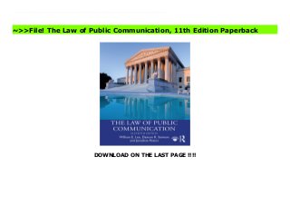 DOWNLOAD ON THE LAST PAGE !!!!
The eleventh edition of this classic textbook provides an overview of communication and media law that includes the most current legal developments.It explains the laws affecting the daily work of writers, broadcasters, PR practitioners, photographers and other public communicators. By providing statutes and cases in an accessible manner, even to students studying law for the first time, the authors ensure that students will acquire a firm grasp of the legal issues affecting the media. This new edition features discussions of hot topics such as the prosecution of WikiLeaks founder Julian Assange for Espionage Act violations, the U.S. Supreme Court's decision in Iancu v. Brunetti addressing the registration of offensive trademarks, revenge porn, FTC guidelines on social media influencers, and efforts by social media platforms to develop coherent approaches to misinformation.The Law of Public Communication is an ideal core textbook for undergraduate and graduate courses in communication law and mass media law.A downloadable test bank is available for instructors at www.routledge.com/9780367476793. Read The Law of Public Communication, 11th Edition Full
~>>File! The Law of Public Communication, 11th Edition Paperback
 