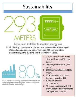  Monitoring systems are in place to ensure resources are managed
efficiently on an ongoing basis. There are 293 energy meters
placed through the building and these monitor usage.
1. 97% of construction waste
diverted from landfill (95%
target)
2. 26% recycled content (25%
target)
3. 29% local employment (10%
target)
4. 15 apprentices and other
trainees (target of 10)
5. £240,000 of local
procurement
6. All major suppliers with ISO
14001 certified environmental
management systems.
Sustainability
 