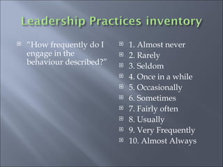 “ How frequently do I engage in the behaviour described?” 1. Almost never 2. Rarely 3. Seldom 4. Once in a while 5. Occasionally 6. Sometimes 7. Fairly often 8. Usually 9. Very Frequently 10. Almost Always 