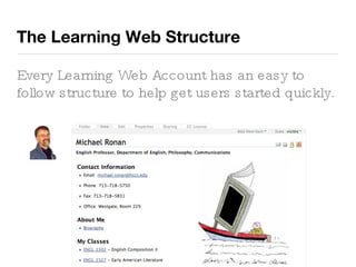 The Learning Web Structure Every Learning Web Account has an easy to follow structure to help get users started quickly. 