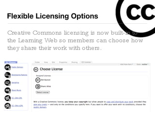 Flexible Licensing Options Creative Commons licensing is now built-in to the Learning Web so members can choose how they share their work with others. 