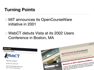 Turning Points MIT announces its OpenCourseWare initiative in 2001 WebCT debuts Vista at its 2002 Users Conference in Boston, MA 