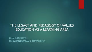 THE LEGACY AND PEDAGOGY OF VALUES
EDUCATION AS A LEARNING AREA
EDNA A. PRUDENTE
EDUCATION PROGRAM SUPERVISOR-ESP
 