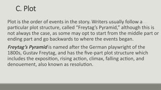 C. Plot
Plot is the order of events in the story. Writers usually follow a
particular plot structure, called “Freytag’s Pyramid,” although this is
not always the case, as some may opt to start from the middle part or
ending part and go backwards to where the events began.
Freytag’s Pyramid is named after the German playwright of the
1800s, Gustav Freytag, and has the five-part plot structure which
includes the exposition, rising action, climax, falling action, and
denouement, also known as resolution.
 