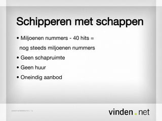 Schipperen met schappen •  Miljoenen nummers - 40 hits = nog steeds miljoenen nummers •  Geen schapruimte •  Geen huur •  Oneindig aanbod  