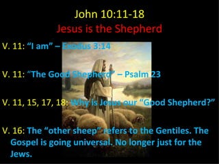 John 10:11-18 Jesus is the Shepherd V. 11:  “I am” – Exodus 3:14 V. 11:  “ The Good Shepherd” – Psalm 23 V. 11, 15, 17, 18:   Why is Jesus our “Good Shepherd?” V. 16:  The “other sheep” refers to the Gentiles. The Gospel is going universal. No longer just for the Jews. 