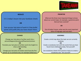 REDUCE
5-5-1 today’s lesson into your book(see sheet)
OR
Sum up your last piece of work in 5 key bullet
points and justify why you have chosen them.
PRIORITISE
What are the three most important things to know
about our current topic, for example, a grammar point
that we have covered?
OR
Out of today’s lesson, what was the most important
piece of language used and why?
CHANGE
Change your last piece of written work into a
picture/diagram/storyboard/flowchart/cartoon
OR
Translate your last piece of written work into English to
show understanding
OR
Change your last piece of written work from the first
person ‘je’ to someone else, for example il/elle/nous
ASSEMBLE
Create a mind map about the topic we are currently
studying
OR
Create a vocabulary test with the words that you have
found most challenging today. Test yourself!
OR
Use vocabulary sheets from previous topics to create a
vocabulary test. Test yourself!
 
