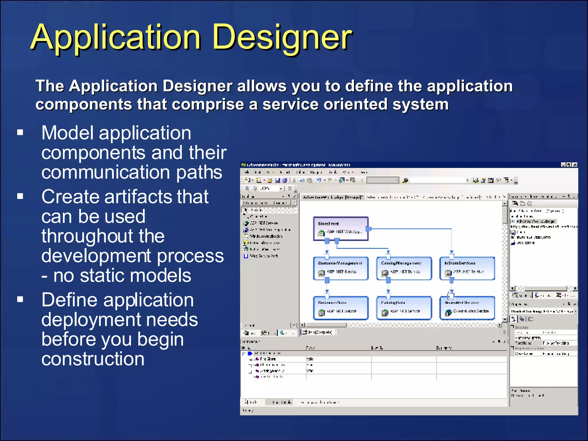 Application Designer Model application components and their communication paths Create artifacts that can be used throughout the development process - no static models Define application deployment needs before you begin construction The Application Designer allows you to define the application components that comprise a service oriented system 