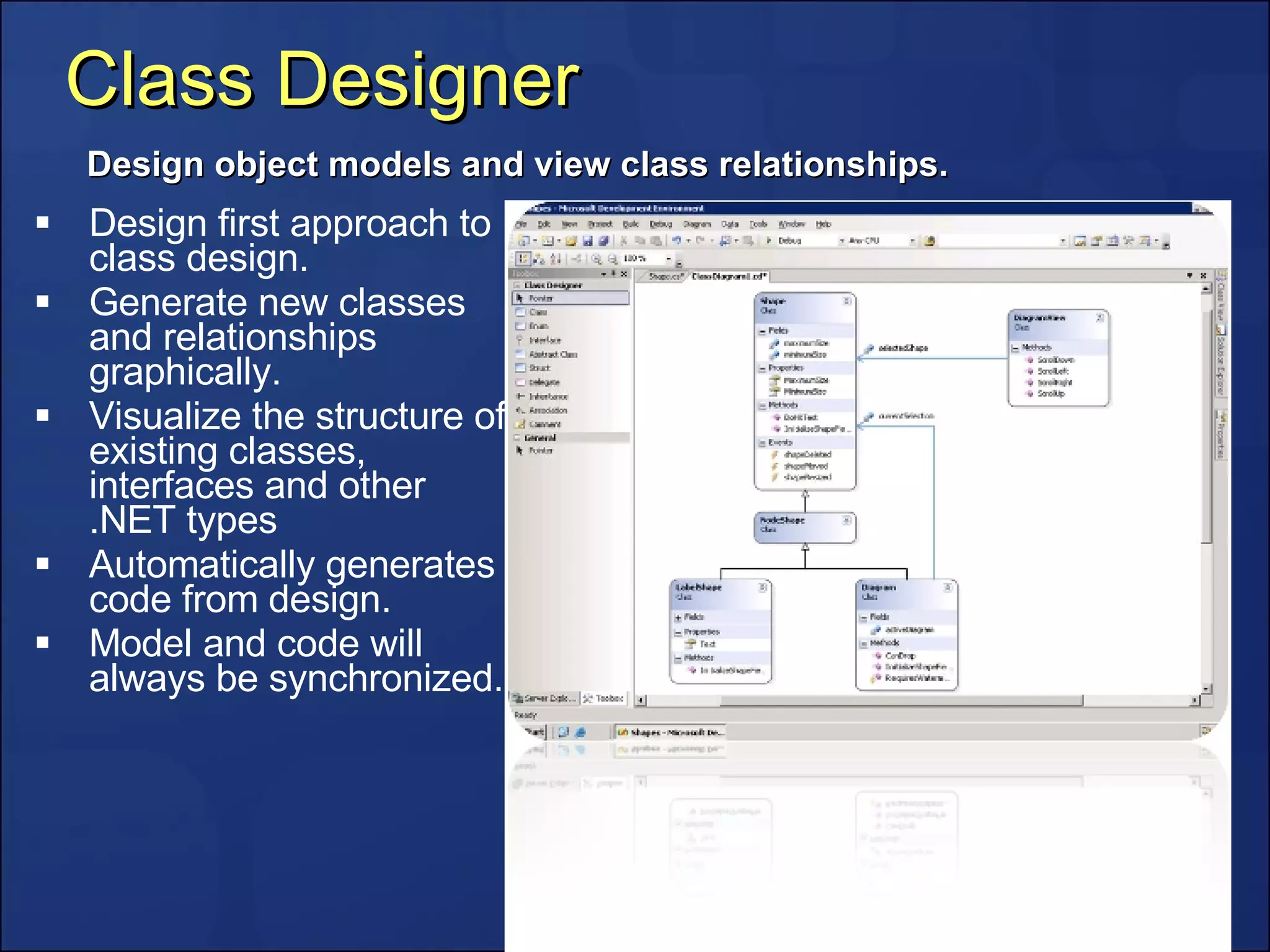 Class Designer Design first approach to class design. Generate new classes and relationships graphically. Visualize the structure of existing classes, interfaces and other .NET types Automatically generates code from design. Model and code will always be synchronized. Design object models and view class relationships. 