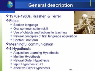 General description

 1970s-1980s, Krashen & Terrell
 Focus
     Spoken language
     Oral communication skill
     Use of objects and actions in teaching
     Natural principles of first language acquisition
     Content, not form
 Meaningful communication
 4 Hypothesis
     Acquisition-Learning Hypothesis
     Monitor Hypothesis
     Natural Order Hypothesis
     Input Hypothesis: i+1
     Affective Filter Hypothesis              18
 