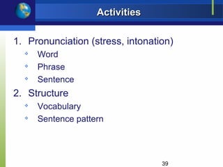 Activities

1. Pronunciation (stress, intonation)
     Word
     Phrase
     Sentence
2. Structure
     Vocabulary
     Sentence pattern




                                  39
 