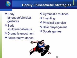 Bodily / Kinesthetic Strategies

 Body                   Gymnastic routines
  language/physical      Inventing
  gestures               Physical exercise
 Body                   Role playing/mime
  sculpture/tableaus
                         Sports games
 Dramatic enactment
 Folk/creative dance




                                   86
 