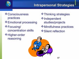 Intrapersonal Strategies

 Consciousness           Thinking strategies
  practices               Independent
 Emotional processing     studies/projects
 Focusing/               Mindfulness practices
  concentration skills    Silent reflection
 Higher-order
  reasoning




                                    87
 