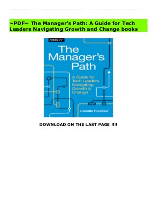 DOWNLOAD ON THE LAST PAGE !!!!
Download Click This Link https://book.specialdeals.club/?book=1491973897 Details Product The Manager's Path: A Guide for Tech Leaders Navigating Growth and Change : Managing people is difficult wherever you work, but the tech industry as a whole is pretty bad at it. Tech companies in general lack the experience, tools, texts, and frameworks to do it well. And the handful of books that share tips and tricks of engineering management don t explain how to supervise employees in the face of growth and change.In this book, author Camille Fournier takes you through the stages of technical management, from mentoring interns to working with the senior staff. You ll get actionable advice for approaching various obstacles in your path, whether you re a new manager, a mentor, or a more experienced leader looking for fresh advice. Pick up this book and learn how to become a better manager and leader in your organization. * Discover how to manage small teams and large/multi-level teams * Understand how to build and bootstrap a unifying culture in teams * Deal with people problems and learn how to mentor other managers and new leaders * Learn how to manage yourself: avoid common pitfalls that challenge many leaders * Obtain several practices that you can incorporate and practice along the way
~PDF~ The Manager's Path: A Guide for Tech
Leaders Navigating Growth and Change books
 
