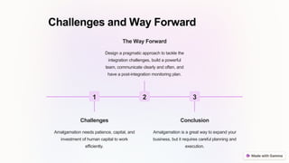 Challenges and Way Forward
1
Challenges
Amalgamation needs patience, capital, and
investment of human capital to work
efficiently.
2
The Way Forward
Design a pragmatic approach to tackle the
integration challenges, build a powerful
team, communicate clearly and often, and
have a post-integration monitoring plan.
3
Conclusion
Amalgamation is a great way to expand your
business, but it requires careful planning and
execution.
 