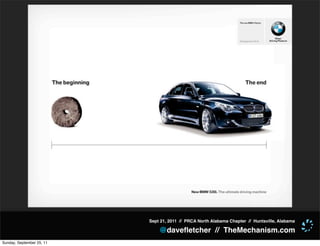 Sept 21, 2011 // PRCA North Alabama Chapter // Huntsville, Alabama

                               @daveﬂetcher // TheMechanism.com
Sunday, September 25, 11
 
