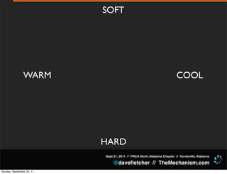 SOFT




                WARM                                                    COOL




                           HARD
                           Sept 21, 2011 // PRCA North Alabama Chapter // Huntsville, Alabama

                               @daveﬂetcher // TheMechanism.com
Sunday, September 25, 11
 