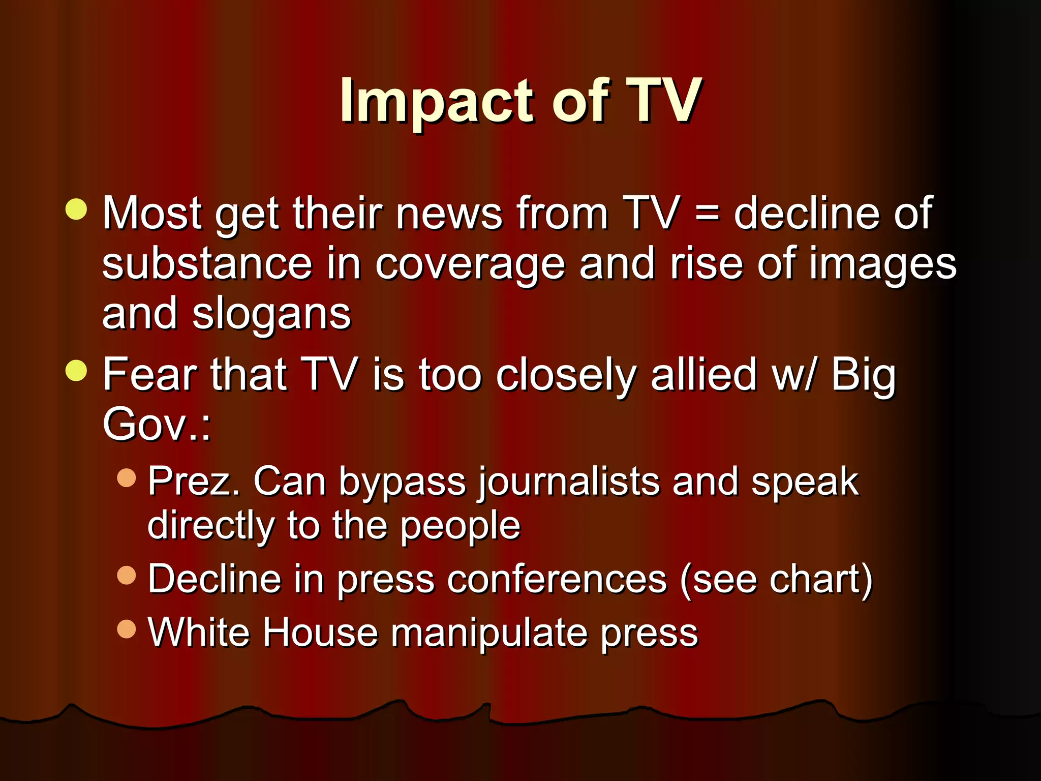 Impact of TV Most get their news from TV = decline of substance in coverage and rise of images and slogans Fear that TV is too closely allied w/ Big Gov.: Prez. Can bypass journalists and speak directly to the people Decline in press conferences (see chart) White House manipulate press 
