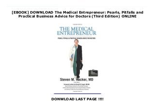 [EBOOK] DOWNLOAD The Medical Entrepreneur: Pearls, Pitfalls and
Practical Business Advice for Doctors (Third Edition) ONLINE
DONWLOAD LAST PAGE !!!!
PDF The Medical Entrepreneur: Pearls, Pitfalls and Practical Business Advice for Doctors (Third Edition) A comprehensive primer on the business skills essential for physicians.- Kirkus Reviews A doctors' guide to entrepreneurship...- Kirkus Reviews This is the new third edition (2015-2016) of the most popular business and practice management book for physicians, medical students and medical residents. Thousands of doctors and entrepreneurs have bought this book before joining a group or starting their own practice or entrepreneurial venture. The brand new third edition contains NEW FORMATTING AND NEW MATERIAL for the same low price as past editions. This third edition includes a bonus section to help entrepreneurs and doctors source out specific vendors' and their products and services to get a jumpstart on your business or medical practice. WARNING AND ADVICE for Doctors &Medical students and entrepreneurs: BEFORE JOINING A GROUP PRACTICE OR STARTING A NEW BUSINESS, DO NOT SIGN ANY CONTRACTS UNTIL YOU HAVE FINISHED READING THIS BOOK. This book is written to help doctors, medical residents, medical students, and physicians in private practice and academia avoid costly business mistakes in their post medical school career. It is uniquely written from the perspective of a successful physician entrepreneur. Busy doctors with little time can quickly access critical cost saving information when joining or starting a private practice. Topics include everything from how to set up a practice, sign a contract with another group, hire another doctor, contract with insurance companies, understand health regulations including the HITECH stimulus act, how to qualify to receive stimulus funds, billing in the office, hiring and firing personnel, picking a location, obtaining hospital privileges, applying for the required licenses, electronic health records, practice management software, health technology in the office, how to protect your estate, liability issues, marketing and public
relations, design of the medical office and more. Also written for the physician entrepreneur, the book explains how to raise capital, term sheets, understanding venture capital, board of directors, incorporation election issues, how to understand financials, balance sheets, negotiations, hiring the management team, how to take an idea and turn it into an operating business, how to protect your intellectual property, copyrights, trademarks, patents, customer acquisition and how to deal with a business when things go wrong. The book covers much more and includes expert stat consults or opinions from corporate attorneys, intellectual property attorneys, board certified health care attorneys and estate attorneys.
 