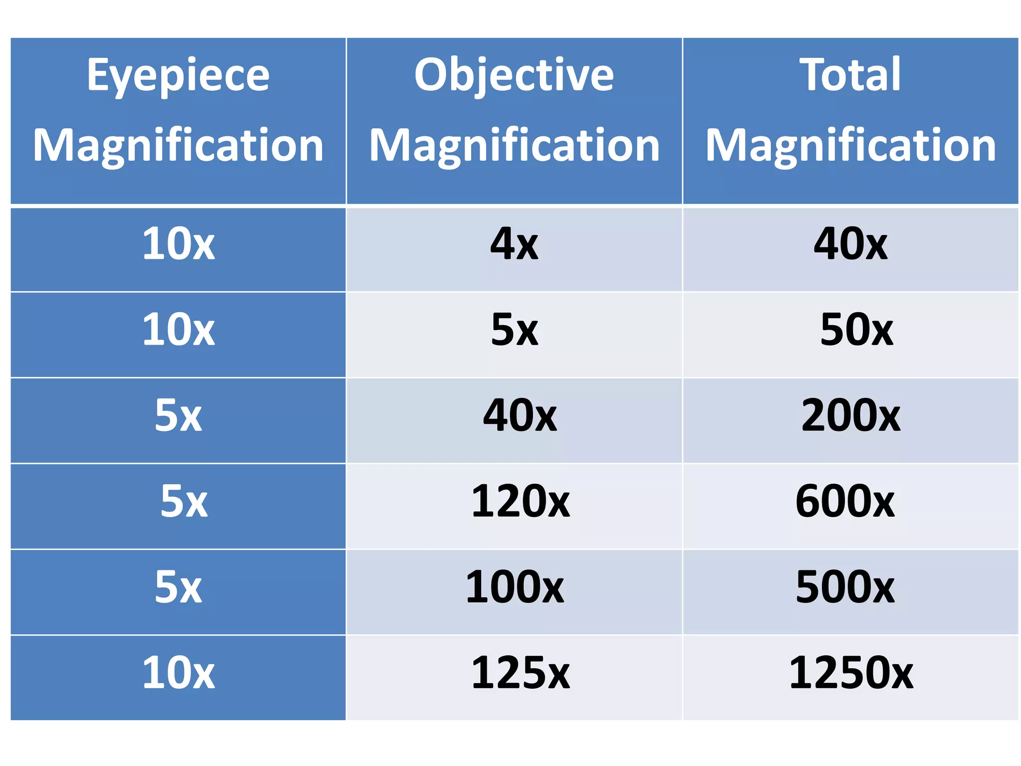 Eyepiece
Magnification
Objective
Magnification
Total
Magnification
10x 4x 40x
10x 5x 50x
5x 40x 200x
5x 120x 600x
5x 100x 500x
10x 125x 1250x
 