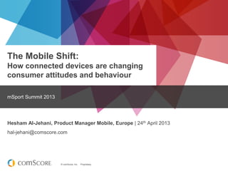The Mobile Shift:
How connected devices are changing
consumer attitudes and behaviour
mSport Summit 2013

Hesham Al-Jehani, Product Manager Mobile, Europe | 24th April 2013
hal-jehani@comscore.com

© comScore, Inc.

Proprietary.

 