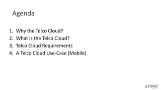 Agenda
1. Why the Telco Cloud?
2. What is the Telco Cloud?
3. Telco Cloud Requirements
4. A Telco Cloud Use-Case (Mobile)
 