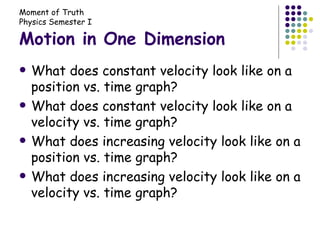 Motion in One Dimension What does constant velocity look like on a position vs. time graph? What does constant velocity look like on a velocity vs. time graph?  What does increasing velocity look like on a position vs. time graph? What does increasing velocity look like on a velocity vs. time graph? 