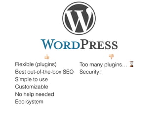 " #
Flexible (plugins) Too many plugins… ⌛
Best out-of-the-box SEO Security!
Simple to use
Customizable
No help needed
Eco-system
 