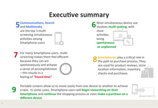 Execu*ve	
  summary	
  

5	
  

Communica*ons,	
  Search	
  
and	
  Mul*media	
  	
  
are	
  the	
  top	
  3	
  mulB-­‐
screening	
  simultaneous	
  
acBviBes	
  among	
  	
  
Smartphone	
  users	
  

7	
  

9	
  
3	
  

For	
  many	
  Smartphone	
  users,	
  mulB-­‐
screening	
  makes	
  them	
  feel	
  eﬃcient	
  
because	
  they	
  can	
  act	
  	
  
spontaneously	
  and	
  achieve	
  
a	
  sense	
  of	
  accomplishment	
  	
  
–	
  this	
  results	
  in	
  a	
  	
  
feeling	
  of	
  “found	
  *me”	
  	
  

6	
  

Most	
  simultaneous	
  device	
  use	
  
involves	
  mul*-­‐tasking,	
  with	
  
most	
  	
  
acBviBes	
  	
  
being	
  	
  
spontaneous	
  
	
  or	
  unplanned	
  

8	
  

Smartphones	
  play	
  a	
  criBcal	
  role	
  in	
  
the	
  path	
  to	
  purchase	
  process.	
  They	
  
are	
  used	
  for	
  product	
  reviews,	
  store	
  
locaBon	
  informaBon,	
  inventory	
  
checks	
  and	
  purchases.	
  	
  
	
  

Portable	
  screens	
  allow	
  us	
  to	
  move	
  easily	
  from	
  one	
  device	
  to	
  another	
  to	
  achieve	
  
a	
  task.	
  	
  In	
  some	
  cases,	
  Smartphone	
  users	
  will	
  begin	
  researching	
  on	
  their	
  
Smartphone	
  and	
  con*nue	
  the	
  shopping	
  process	
  or	
  even	
  make	
  a	
  purchase	
  on	
  a	
  
diﬀerent	
  device	
  

 